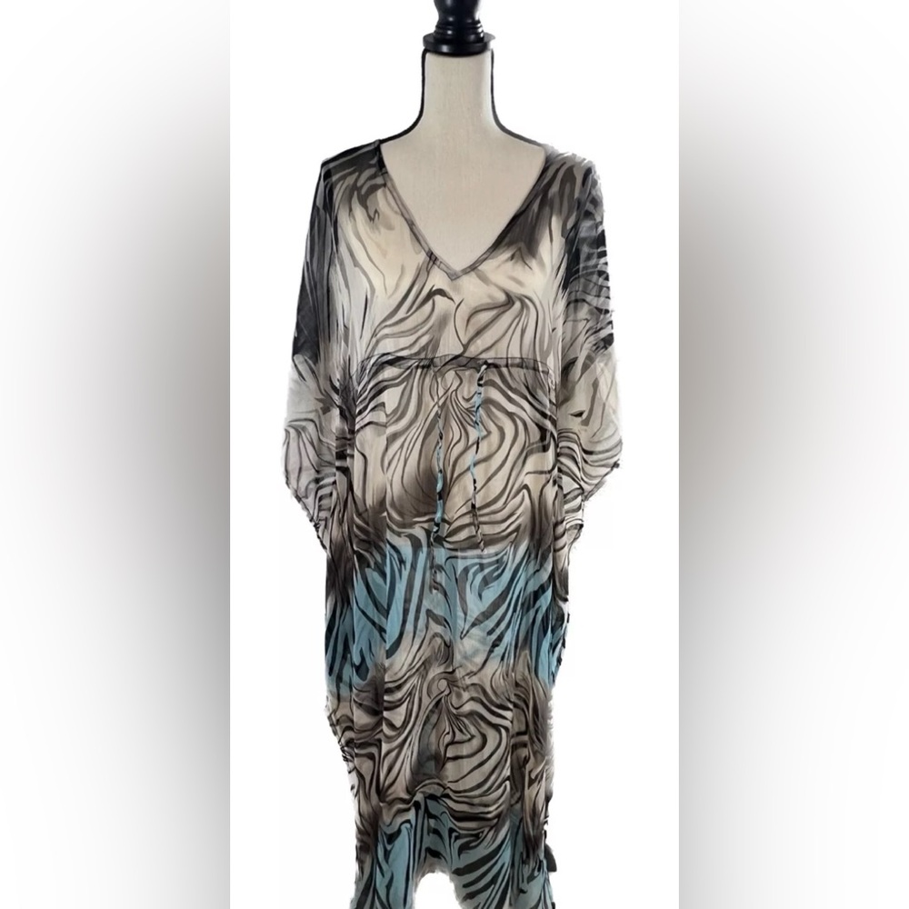 Sheer Full Length Swim Kimono Cover Up Robe Zebra Pattern Striped Black Blue L